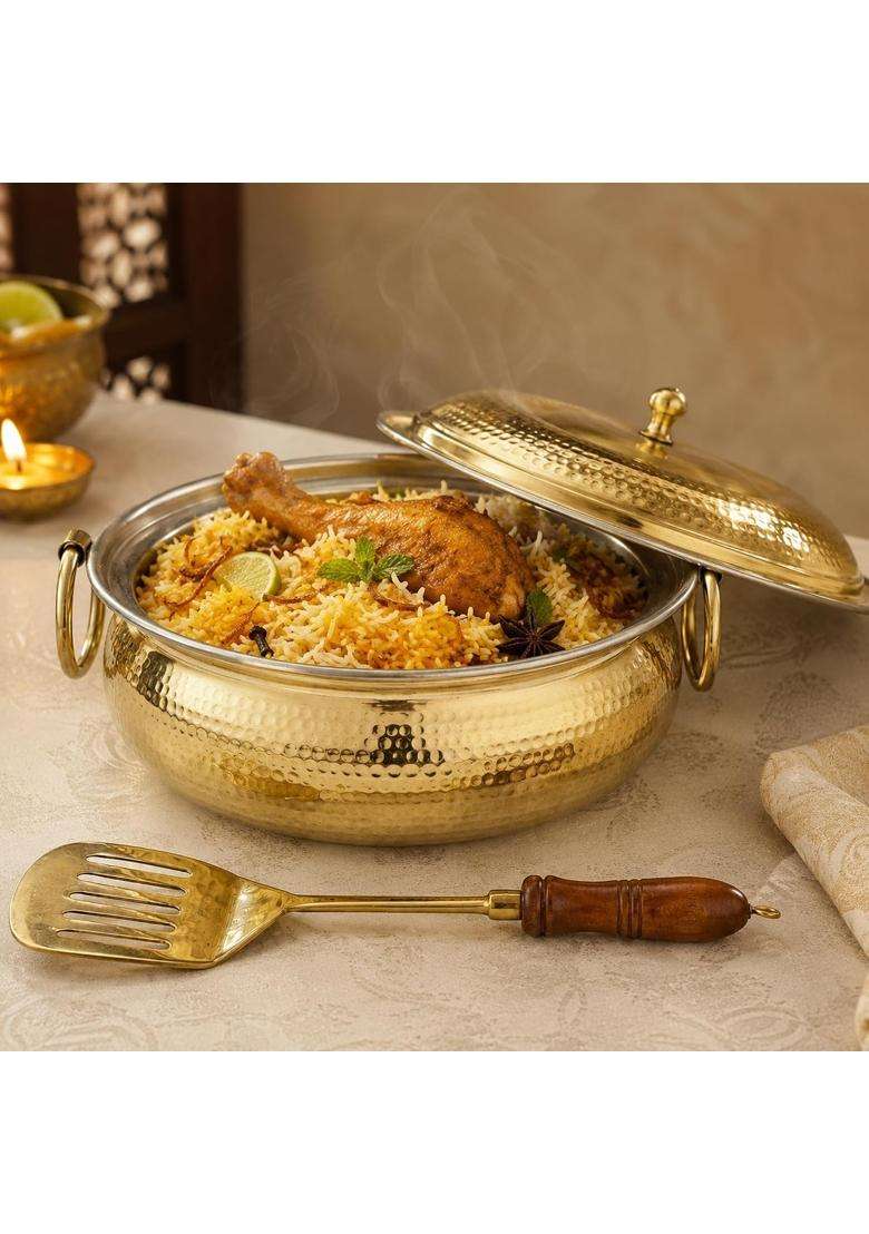 SHIV SHAKTI ARTS Brass Mughlai Lagan Handi with Lid | 3.5 L | 3.7 Qt | Hammered Finish - Indya