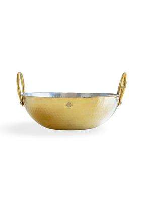 INDIAN ART VILLA Brass Kadhai Wok with Hammered Design | 1.2 L | 1.3 Qt | Tin Lined Kalai