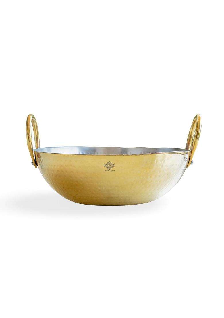 INDIAN ART VILLA Brass Kadhai Wok with Hammered Design | 1.2 L | 1.3 Qt | Tin Lined Kalai - Indya
