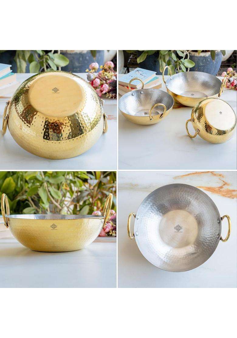 INDIAN ART VILLA Brass Kadhai Wok with Hammered Design | 1.2 L | 1.3 Qt | Tin Lined Kalai - Indya