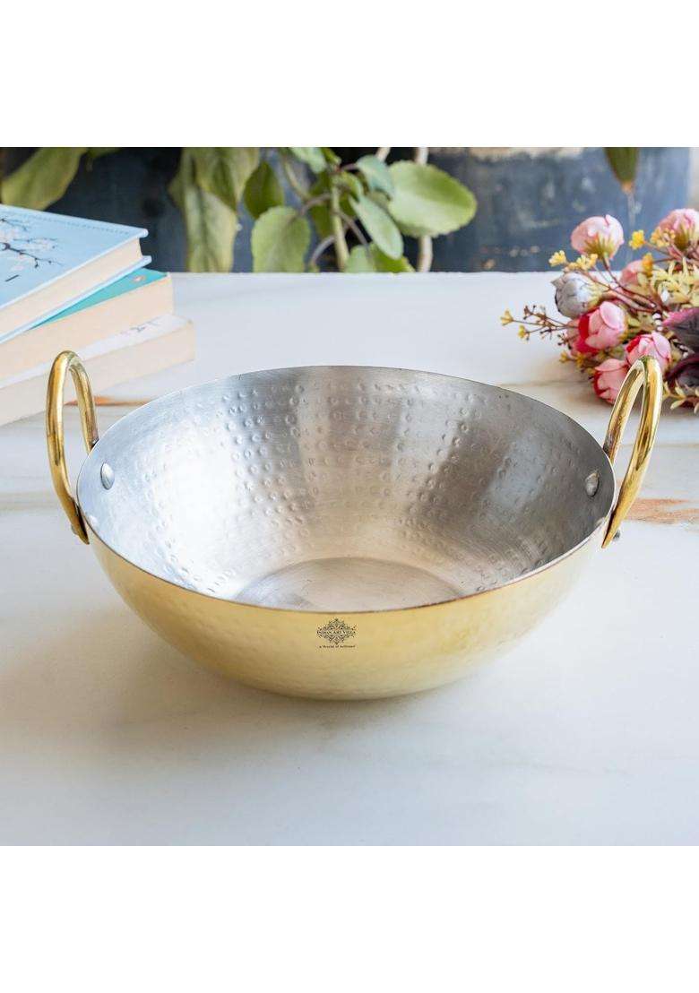 INDIAN ART VILLA Brass Kadhai Wok with Hammered Design | 1.2 L | 1.3 Qt | Tin Lined Kalai - Indya