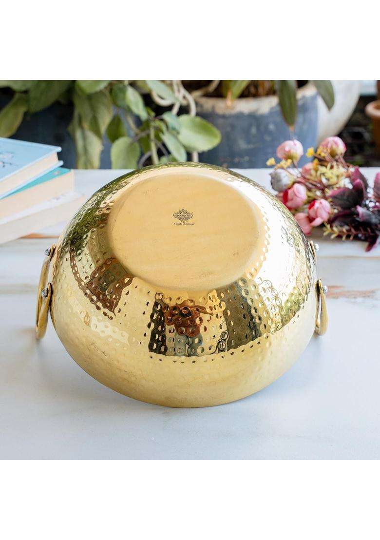 INDIAN ART VILLA Brass Kadhai Wok with Hammered Design | 1.2 L | 1.3 Qt | Tin Lined Kalai - Indya