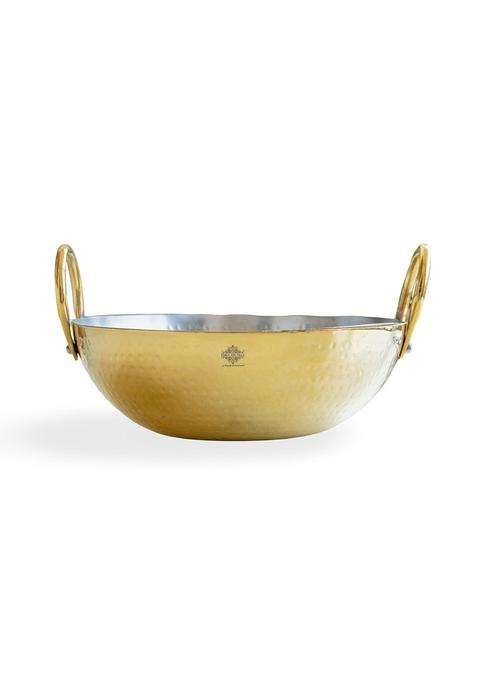 INDIAN ART VILLA Brass Kadhai Wok with Hammered Design | 1.2 L | 1.3 Qt | Tin Lined Kalai