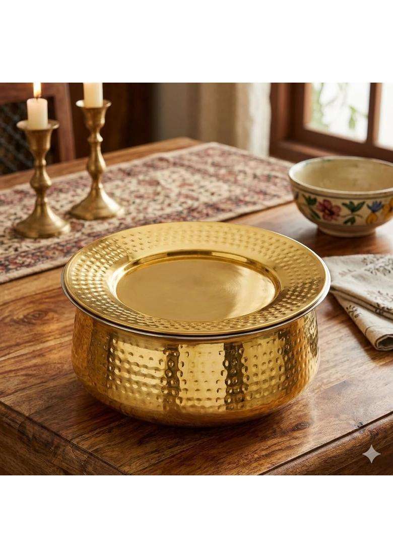 SHAAN mfg. Pure Brass Lagan Handi with Lid | 3.6 L | 3.8 Qt | Handcrafted - Indya