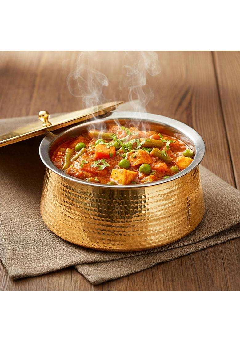 Artarium Pure Brass Lagaan Tin Coated Hammered with Lid Handcrafted Harmless Premium | 3 L | 3.2 Qt | Tin Lined Kalai - Indya