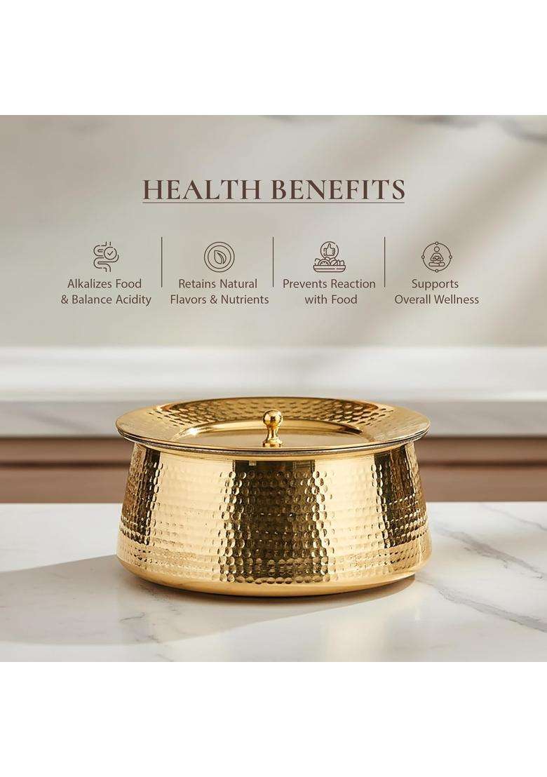Artarium Pure Brass Lagaan Tin Coated Hammered with Lid Handcrafted Harmless Premium | 3 L | 3.2 Qt | Tin Lined Kalai - Indya
