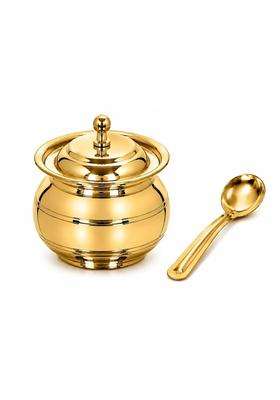KC Golden Brass Multipurpose Ghee Pot Pickle Container with Embossed Designer Spoon | 400 ml | 13.5 fl oz