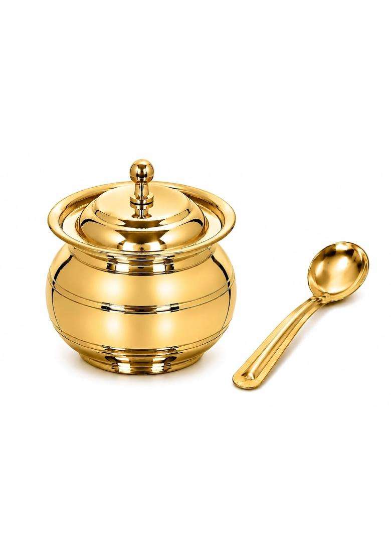 KC Golden Brass Multipurpose Ghee Pot Pickle Container with Embossed Designer Spoon | 400 ml | 13.5 fl oz - Indya