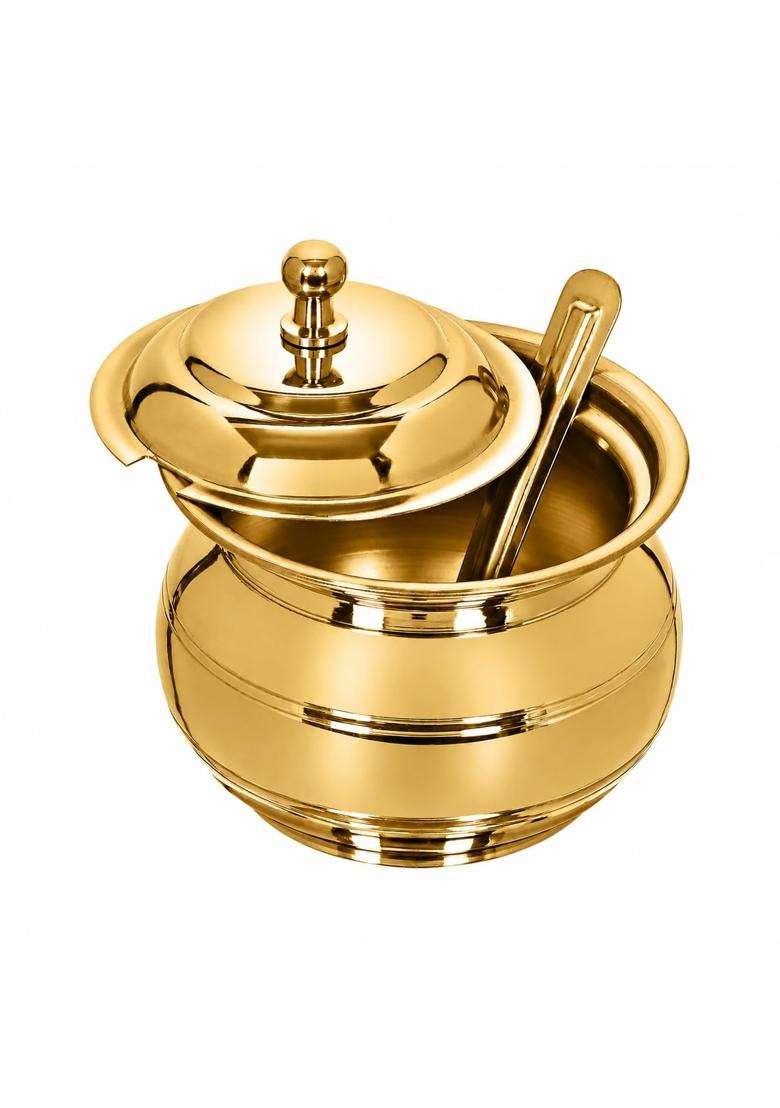 KC Golden Brass Multipurpose Ghee Pot Pickle Container with Embossed Designer Spoon | 400 ml | 13.5 fl oz - Indya