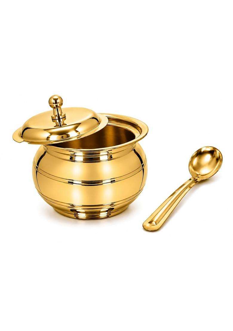 KC Golden Brass Multipurpose Ghee Pot Pickle Container with Embossed Designer Spoon | 400 ml | 13.5 fl oz - Indya