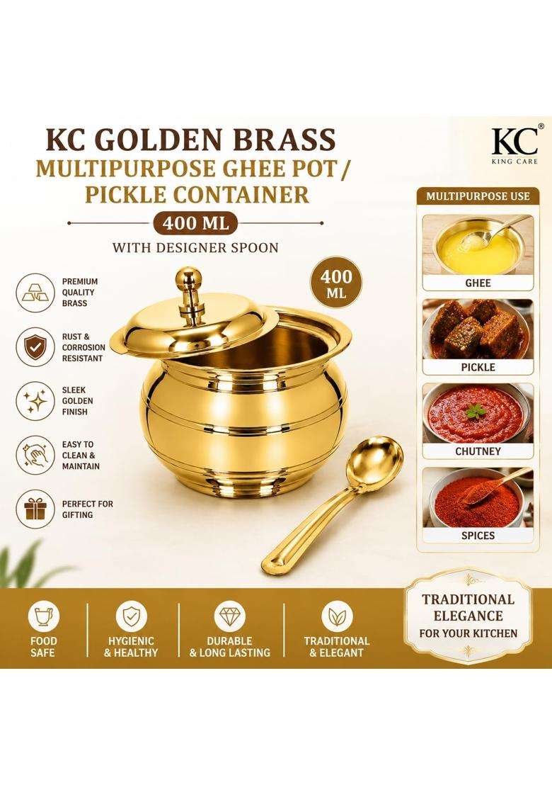 KC Golden Brass Multipurpose Ghee Pot Pickle Container with Embossed Designer Spoon | 400 ml | 13.5 fl oz - Indya