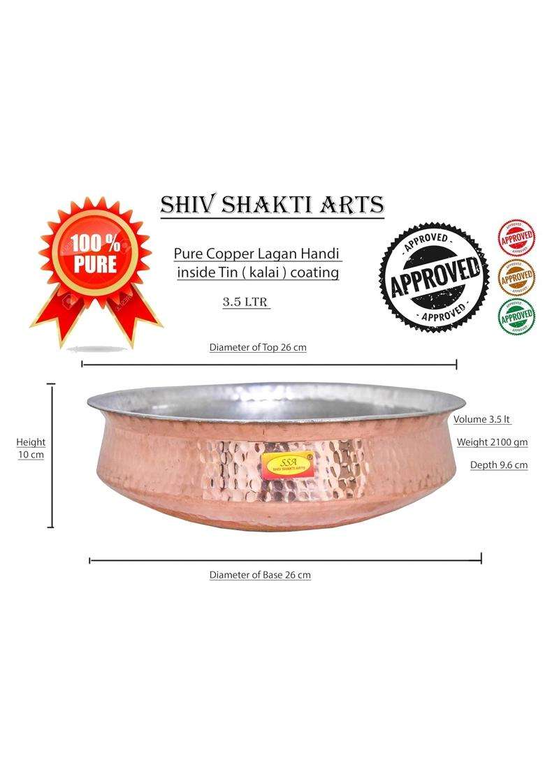 SHIV SHAKTI ARTS Copper Hammered Polished Lagan Biryani Handi Biryani Pot Cooking Pot - Hammered Finish | 3.5 L | 3.7 Qt | Tin Lined Kalai - Indya