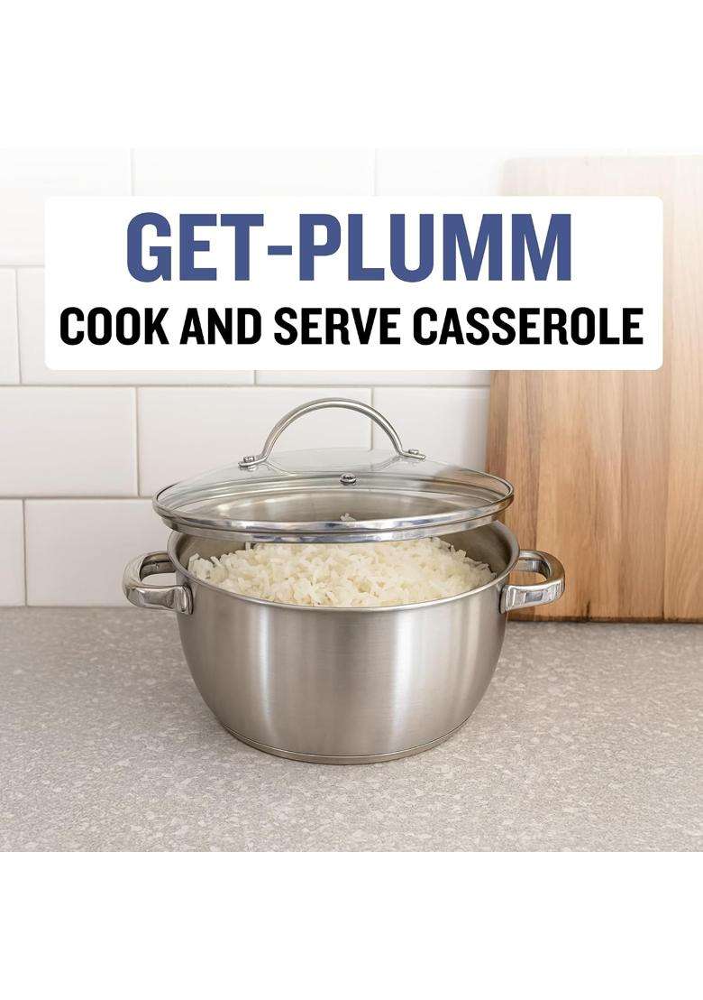 PLUMM GET Plumm Stainless Steel Casserole | 5 L | 5.3 Qt | 24 cm | 9.4 Inch | With Lid - Indya
