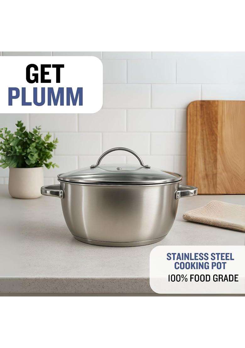 PLUMM GET Plumm Stainless Steel Casserole | 5 L | 5.3 Qt | 24 cm | 9.4 Inch | With Lid - Indya