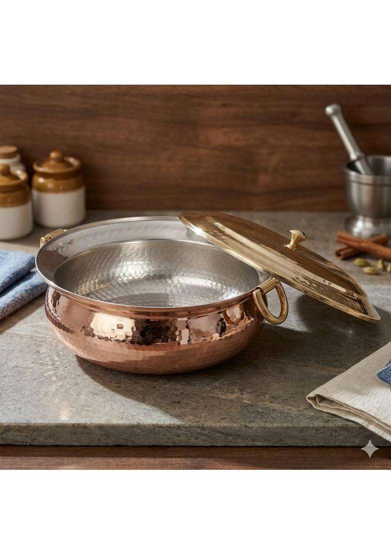 SHAAN mfg. Hammered Copper Lagaan with Brass Lid | 4 L | 4.2 Qt | Tin Lined Kalai - Indya