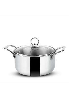 Orange Stainless Steel Triply Cook and Serve Casserole Biryani Pot Handi Stock Pot | 5.5 L | 5.8 Qt | 24 cm | 9.4 Inch | Induction Compatible | With Lid