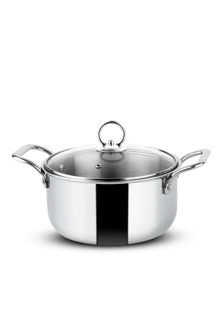 Orange Stainless Steel Triply Cook and Serve Casserole Biryani Pot Handi Stock Pot | 5.5 L | 5.8 Qt | 24 cm | 9.4 Inch | Induction Compatible | With Lid - Indya