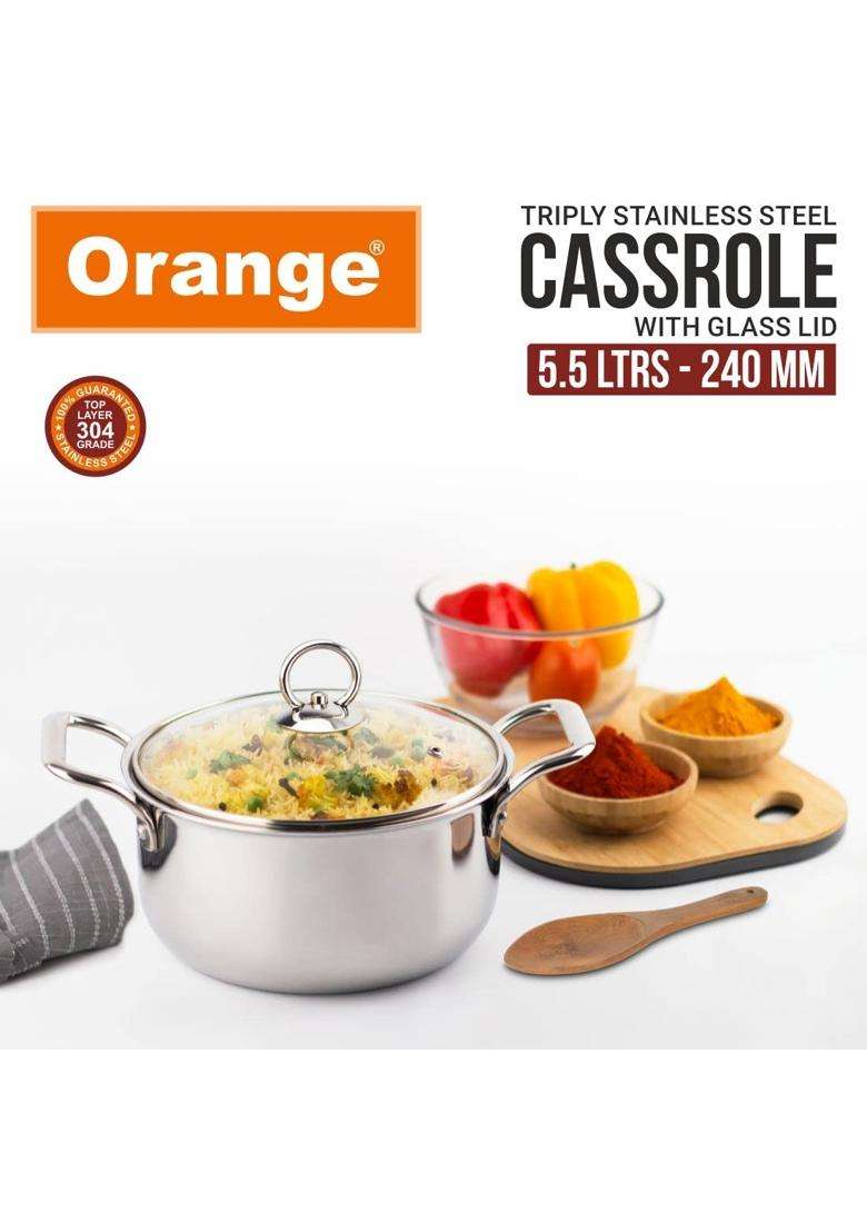 Orange Stainless Steel Triply Cook and Serve Casserole Biryani Pot Handi Stock Pot | 5.5 L | 5.8 Qt | 24 cm | 9.4 Inch | Induction Compatible | With Lid - Indya