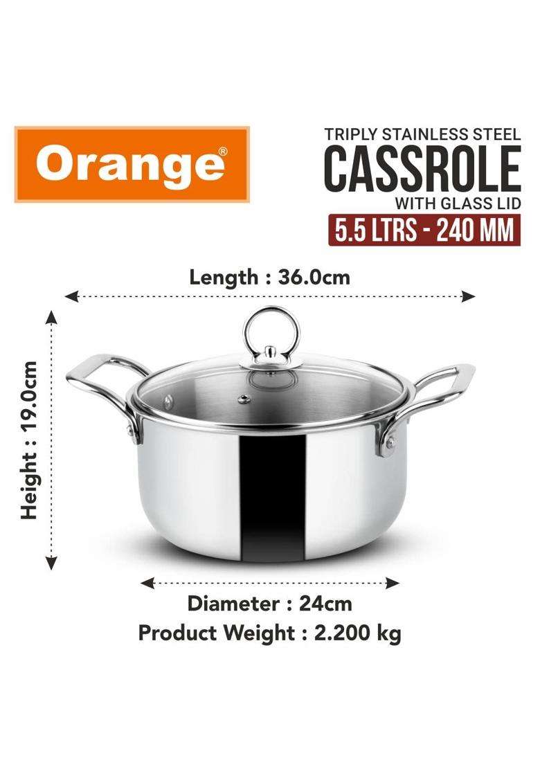 Orange Stainless Steel Triply Cook and Serve Casserole Biryani Pot Handi Stock Pot | 5.5 L | 5.8 Qt | 24 cm | 9.4 Inch | Induction Compatible | With Lid - Indya