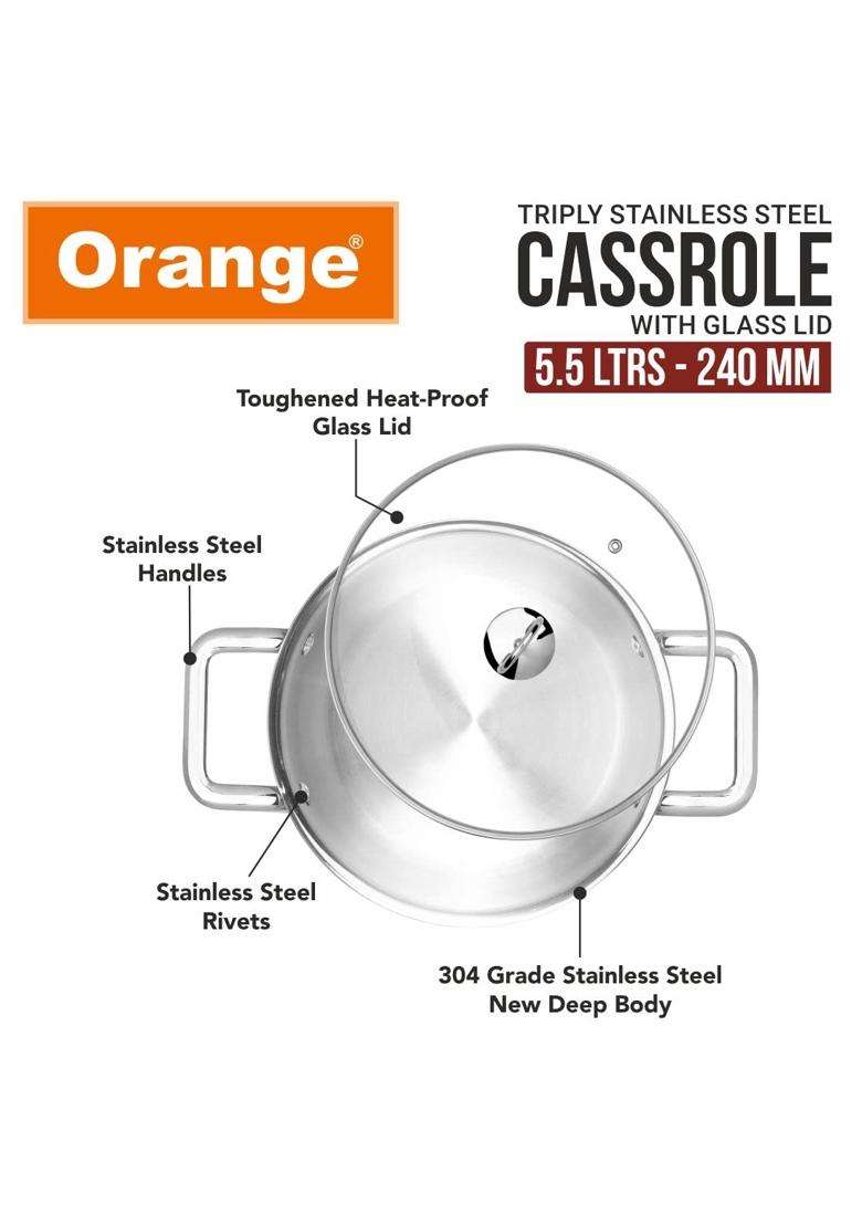 Orange Stainless Steel Triply Cook and Serve Casserole Biryani Pot Handi Stock Pot | 5.5 L | 5.8 Qt | 24 cm | 9.4 Inch | Induction Compatible | With Lid - Indya