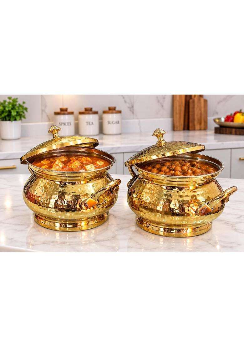 MORADABAD BRASS VILLA Brass Hammered Handi Kitchen Appliances Serving Pot | 1.5 L | 1.6 Qt | With Lid - Indya
