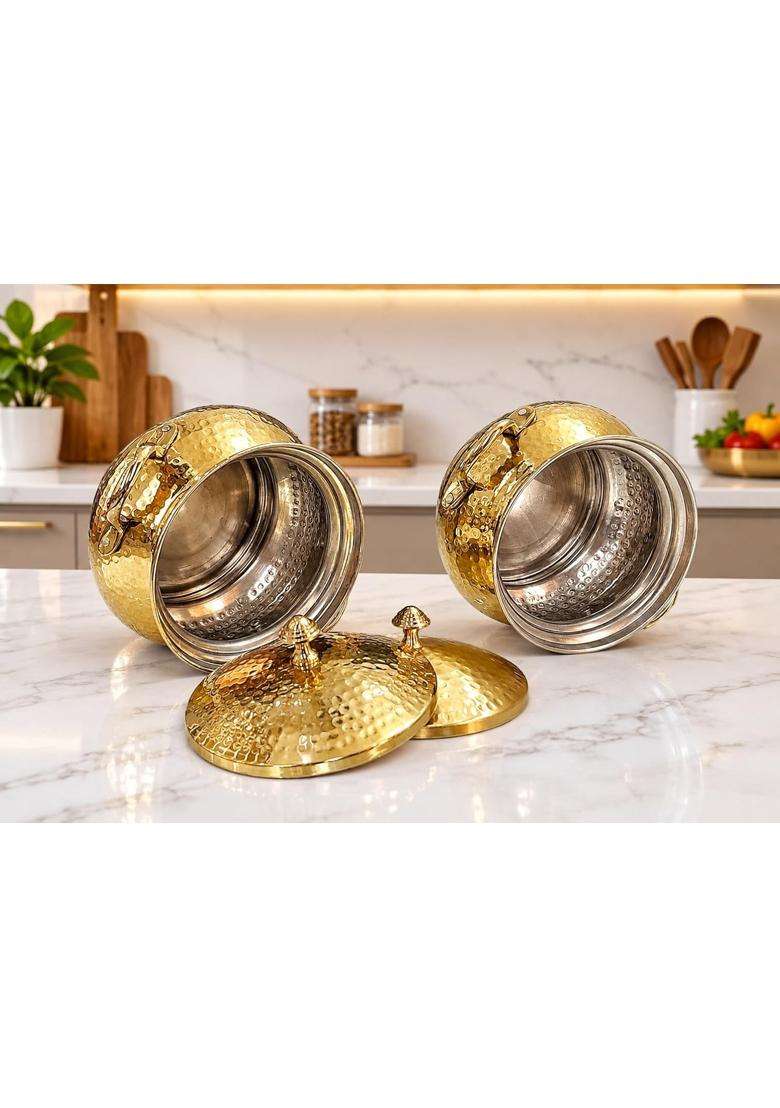 MORADABAD BRASS VILLA Brass Hammered Handi Kitchen Appliances Serving Pot | 1.5 L | 1.6 Qt | With Lid - Indya