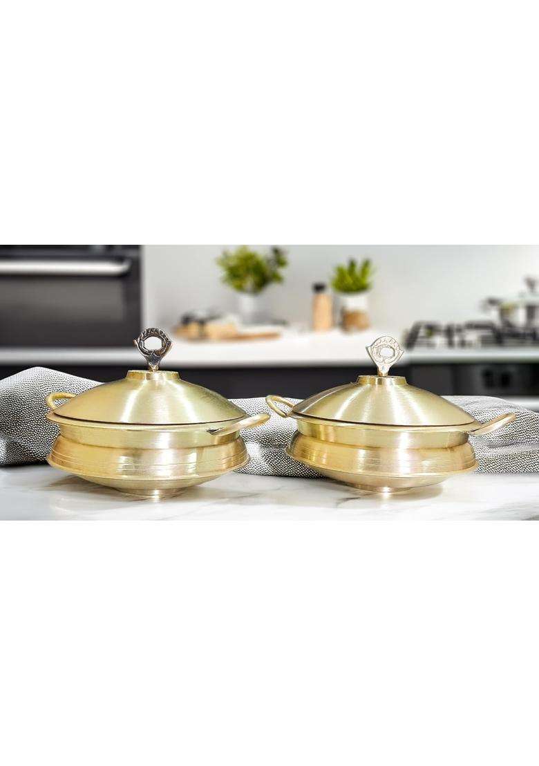 MORADABAD BRASS VILLA Pure Matte Brass Pure Brass Hammered Lagan Handi for Cooking with Lid | 14 cm | 5.5 Inch | 2-Piece Set - Indya
