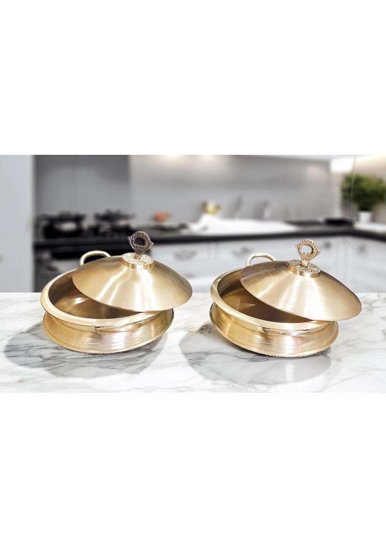 MORADABAD BRASS VILLA Pure Matte Brass Pure Brass Hammered Lagan Handi for Cooking with Lid | 14 cm | 5.5 Inch | 2-Piece Set - Indya