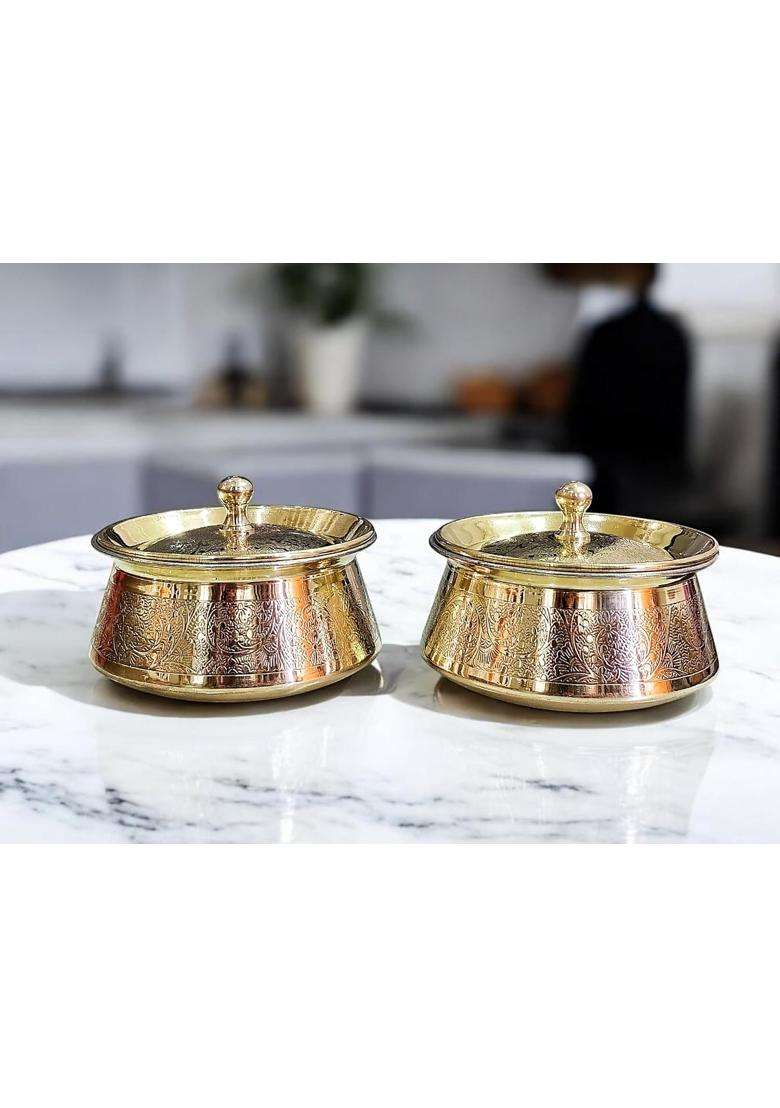 PITAL CRAFT VATIKA 100 Pure Brass Hammered Lagan Handi for Cooking with Lid and Kalai Inside | 19 cm | 7.5 Inch | 2-Piece Set - Indya