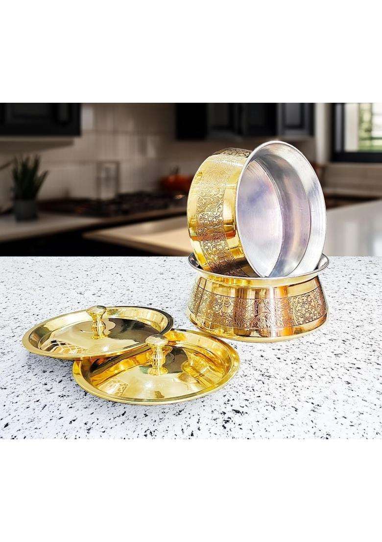 PITAL CRAFT VATIKA 100 Pure Brass Hammered Lagan Handi for Cooking with Lid and Kalai Inside | 19 cm | 7.5 Inch | 2-Piece Set - Indya