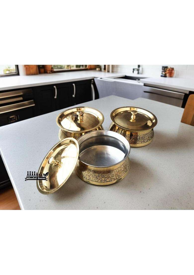 Blissful Decor Brass Kitchen Cooking Serving Pot | 1000 ml | 33.8 fl oz | With Lid - Indya
