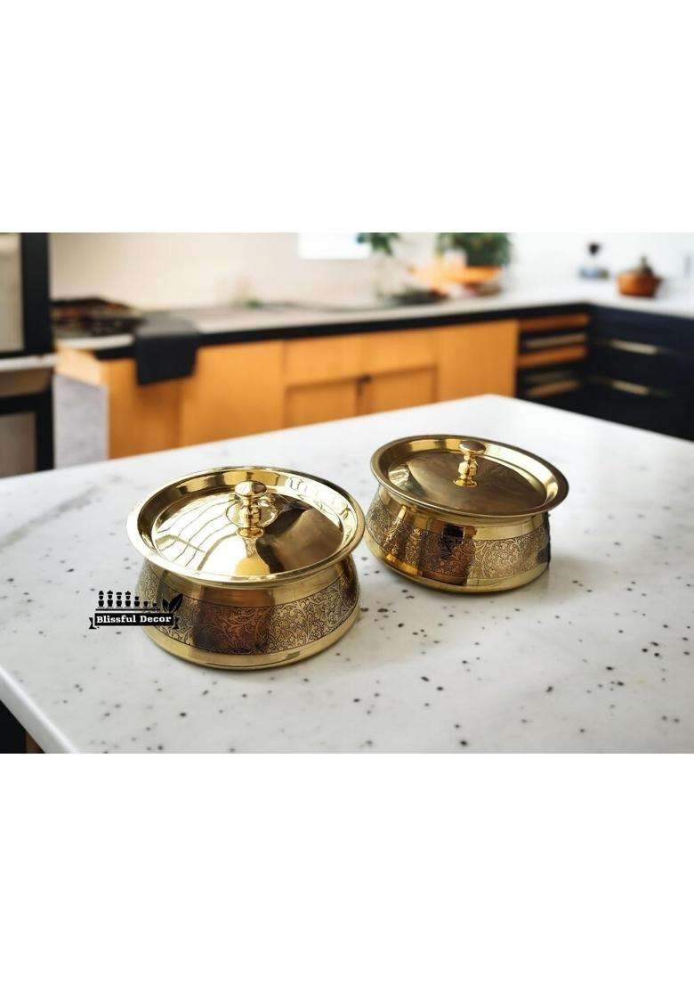 Blissful Decor Brass Kitchen Cooking Serving Pot | 1000 ml | 33.8 fl oz | With Lid - Indya