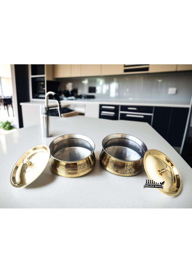 Blissful Decor Brass Kitchen Cooking Serving Pot | 1000 ml | 33.8 fl oz | With Lid - Indya