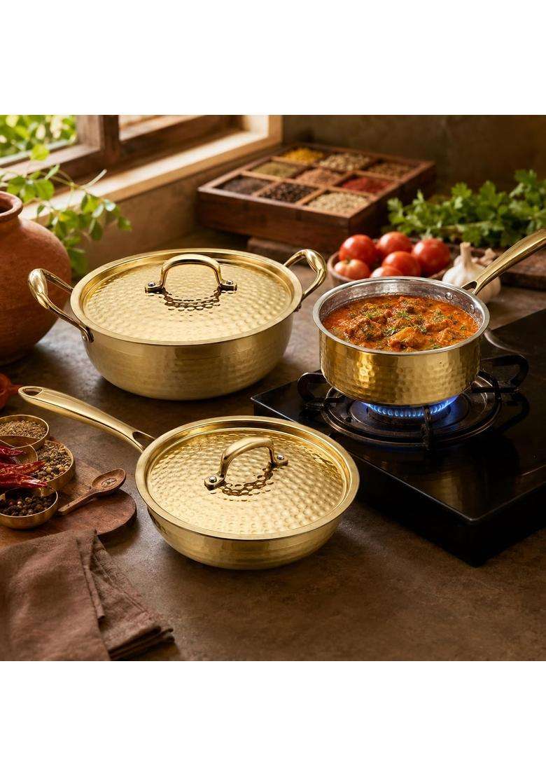 SHIV SHAKTI ARTS Brass Cookware with Lids | 2 L | 2.1 Qt | 3-Piece Set | Hammered Finish | With Lid - Indya