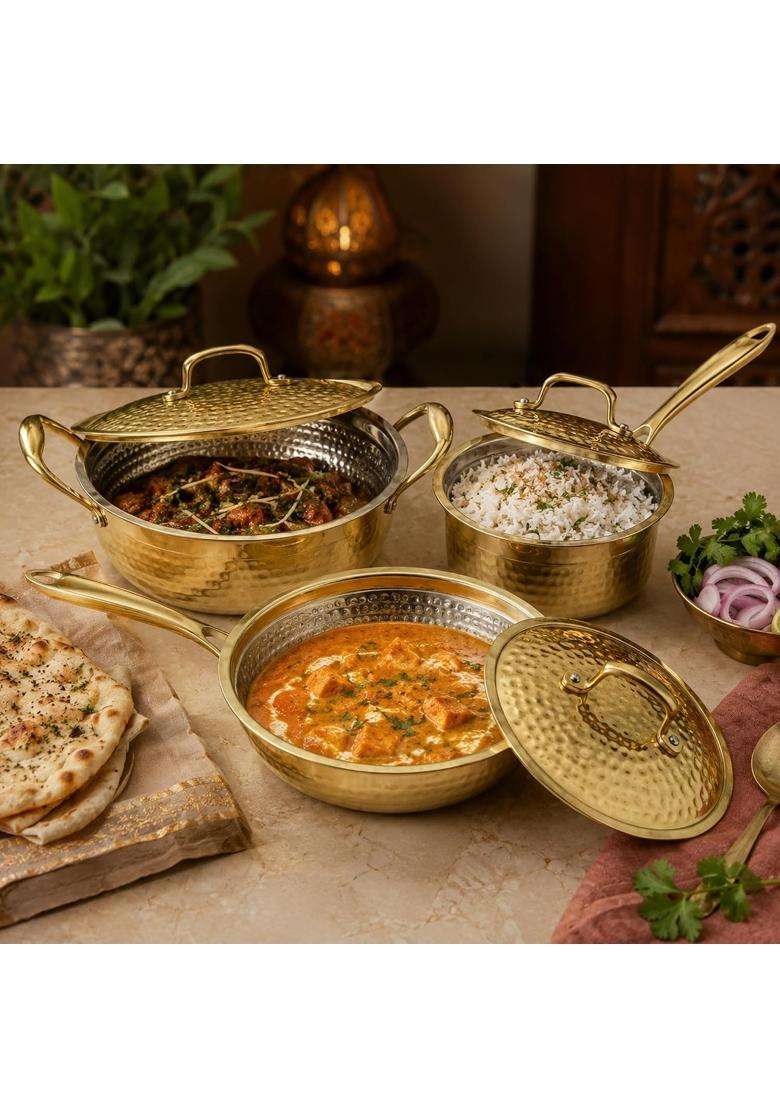 SHIV SHAKTI ARTS Brass Cookware with Lids | 2 L | 2.1 Qt | 3-Piece Set | Hammered Finish | With Lid - Indya