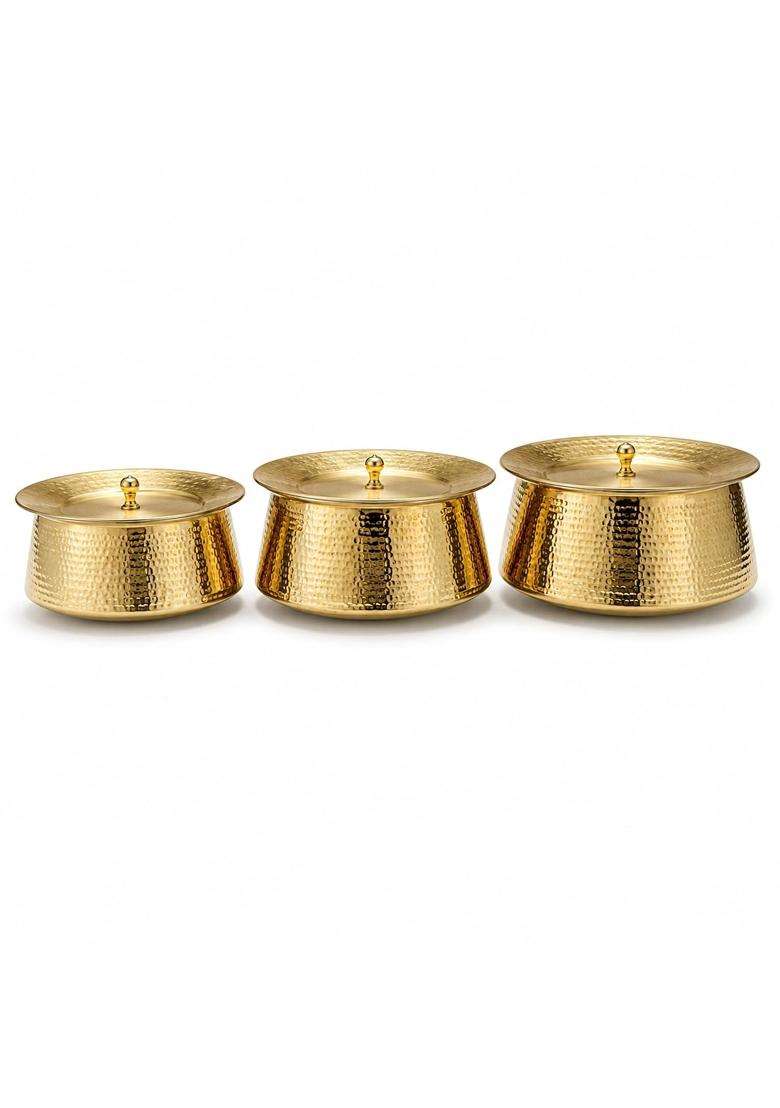 SHIV SHAKTI ARTS Brass Biryani Handi Biryani Pot with Lids | 2 L | 2.1 Qt | 3-Piece Set | Hammered Finish | With Lid - Indya