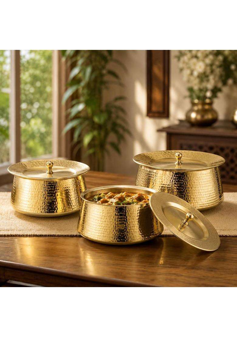 SHIV SHAKTI ARTS Brass Biryani Handi Biryani Pot with Lids | 2 L | 2.1 Qt | 3-Piece Set | Hammered Finish | With Lid - Indya
