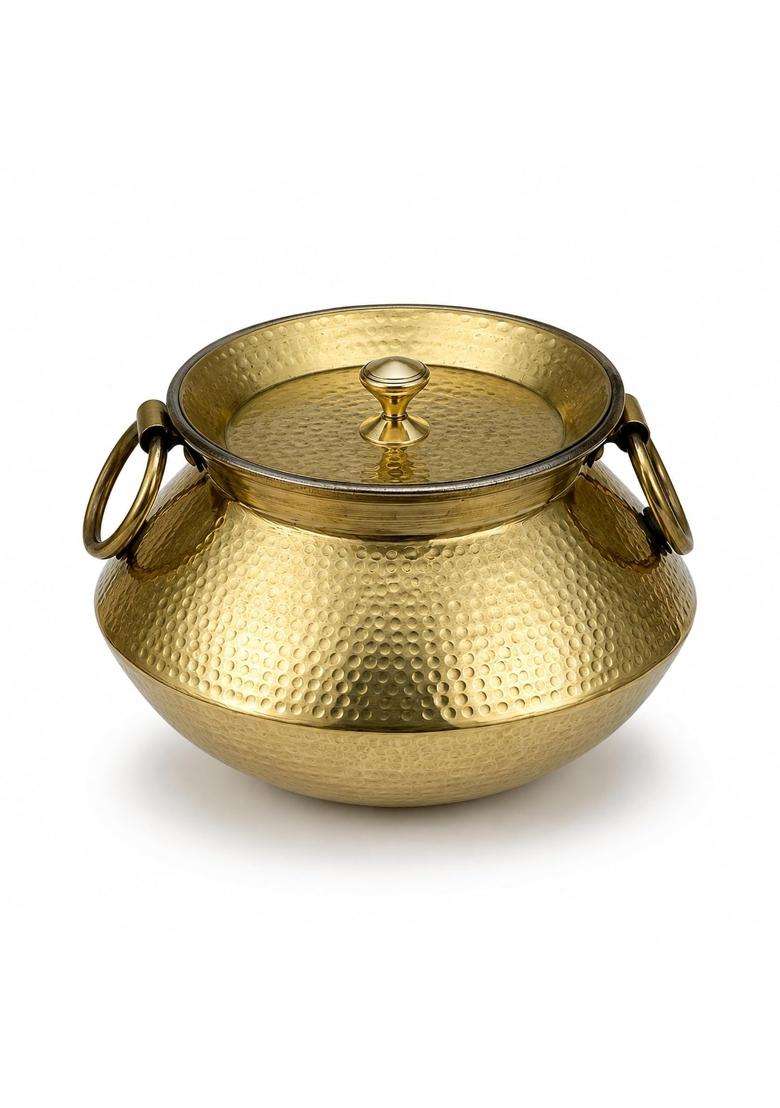 SHIV SHAKTI ARTS Vintage-Style Brass Mughlai Deg Handi Cooking Pot with Lids and Ring Handles | 3.5 L | 3.7 Qt | 2-Piece Set | Hammered Finish | With Lid - Indya
