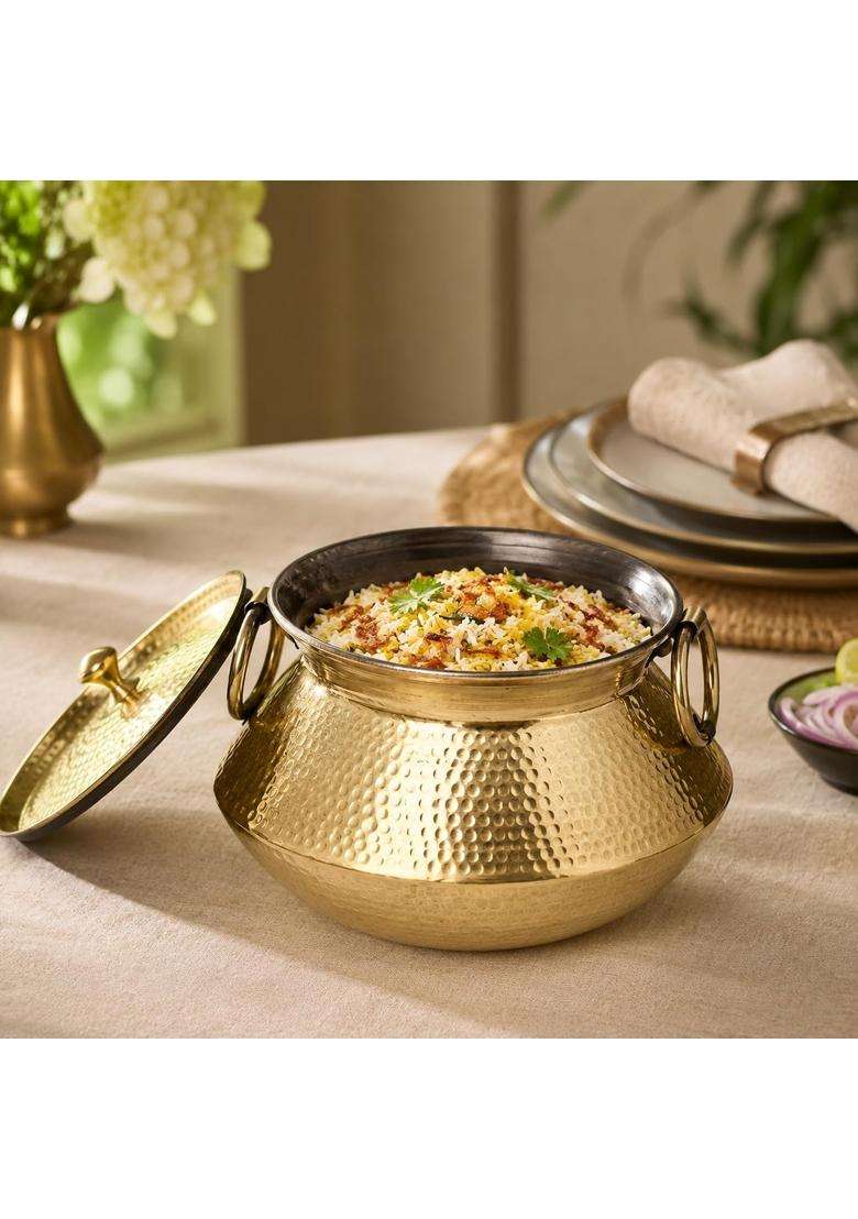 SHIV SHAKTI ARTS Vintage-Style Brass Mughlai Deg Handi Cooking Pot with Lids and Ring Handles | 3.5 L | 3.7 Qt | 2-Piece Set | Hammered Finish | With Lid - Indya