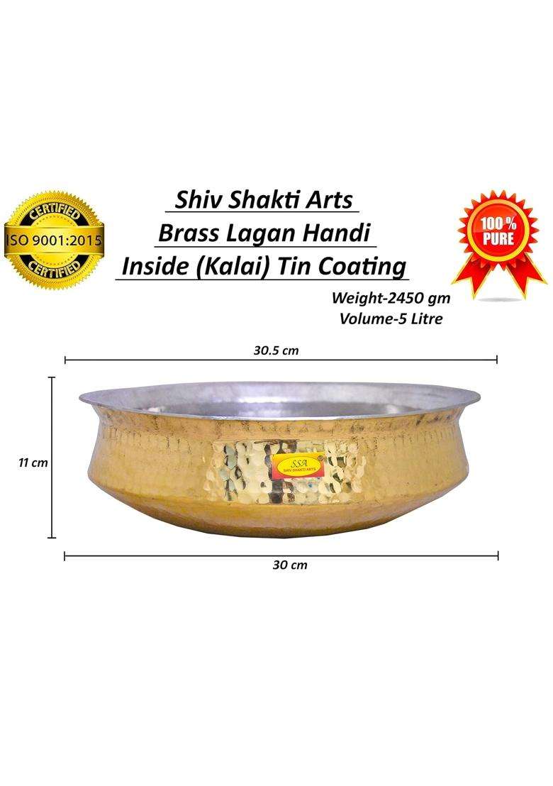 SHIV SHAKTI ARTS Pure Brass Hammered Lagan Handi Cooking Pot Chaffing Dish Pan with Tin Lining | 5 L | 5.3 Qt - Indya