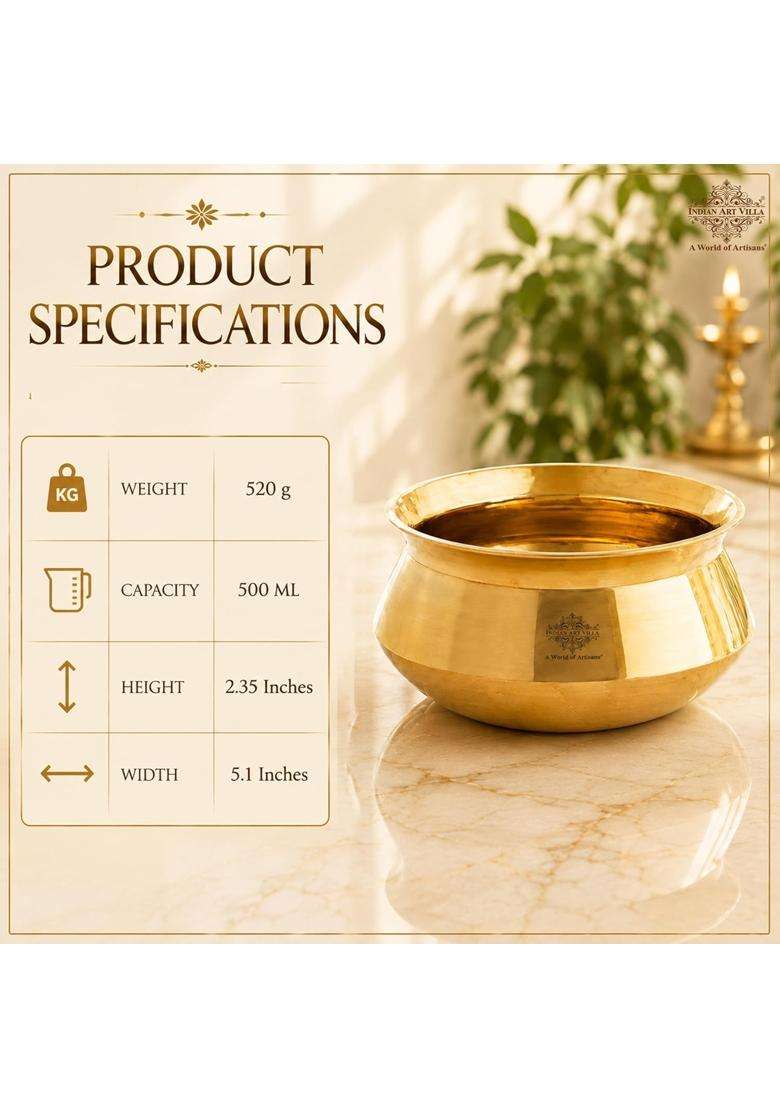 INDIAN ART VILLA Brass Plain Design Handi Cooking Pot Bowl | 500 ml | 16.9 fl oz - Indya