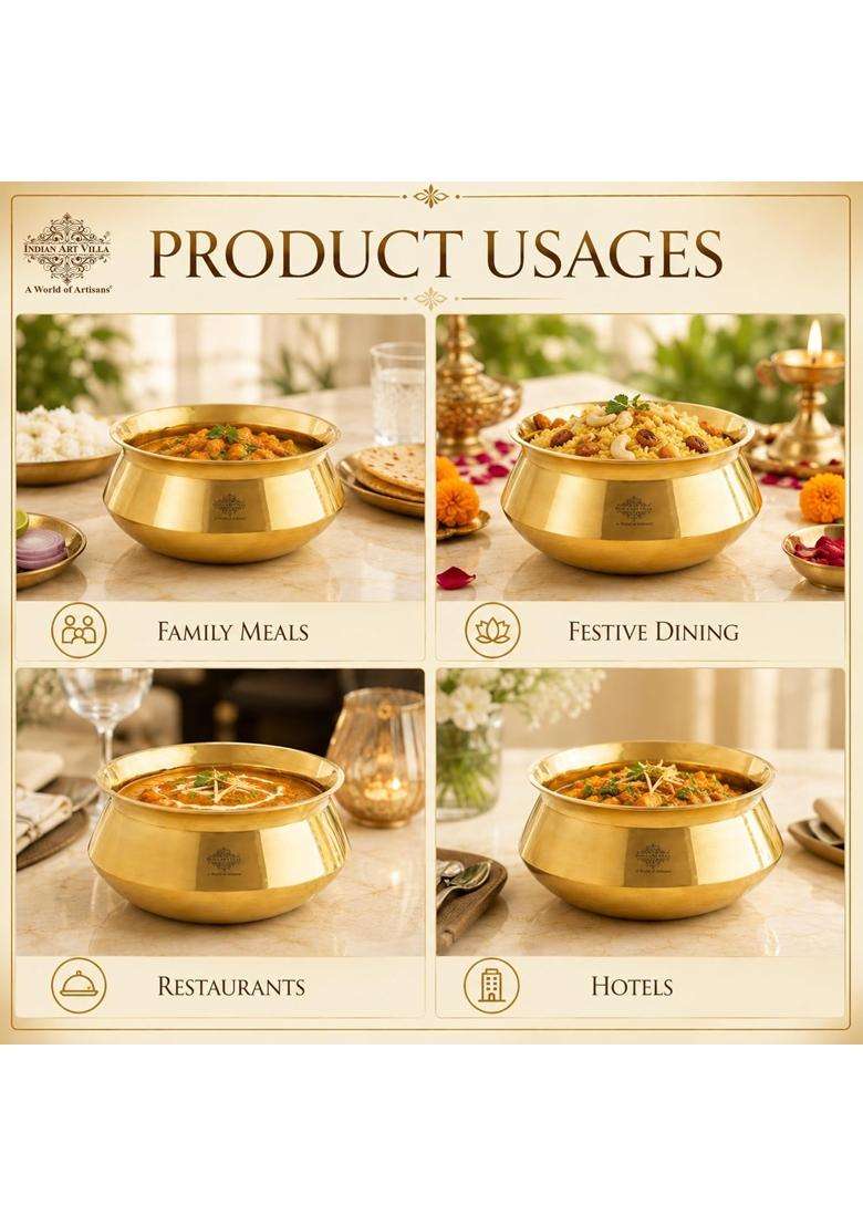 INDIAN ART VILLA Brass Plain Design Handi Cooking Pot Bowl | 500 ml | 16.9 fl oz - Indya