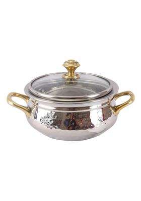 Indian Art Villa Steel Handi Cooking Pot of Brass Handle with Glass Lid | 400 ml | 13.5 fl oz