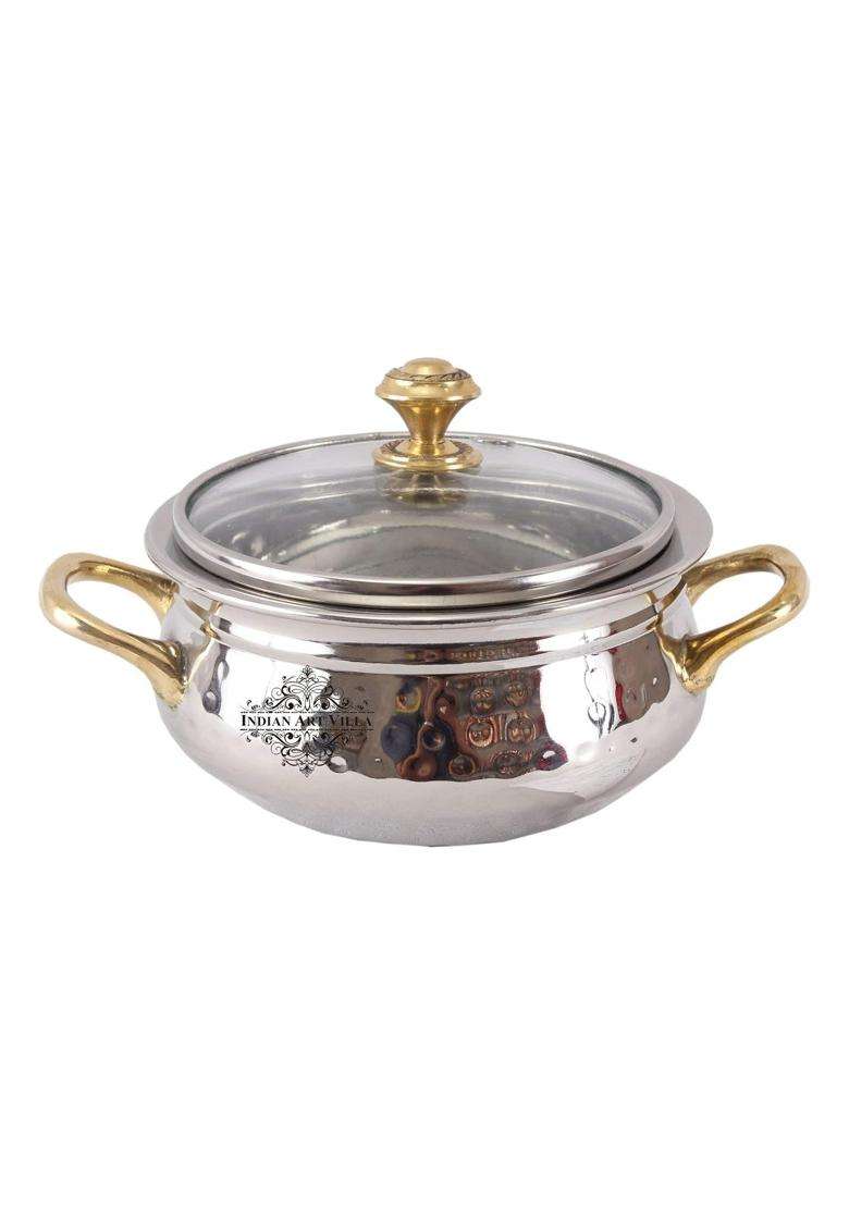 Indian Art Villa Steel Handi Cooking Pot of Brass Handle with Glass Lid | 400 ml | 13.5 fl oz - Indya