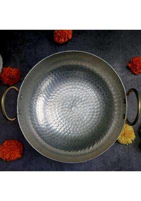 SHIV HOME WORLD Pure Brass Hammered 100 Brass 'Peetal Ki Kadai Wok with Kalai' | 1 L | 1.1 Qt | 8 Inch | Heavy Bottom