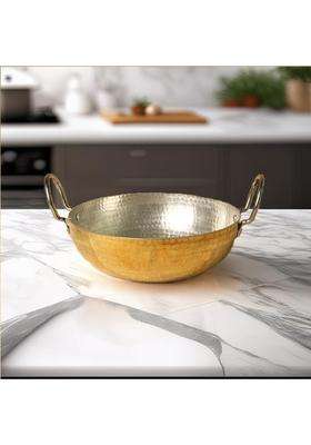 MORADABAD BRASS VILLA Pure Brass Kadhai Wok for Cooking | 2.5 L | 2.6 Qt | Non-Toxic | Tin Lined Kalai | Handcrafted | Hammered Finish