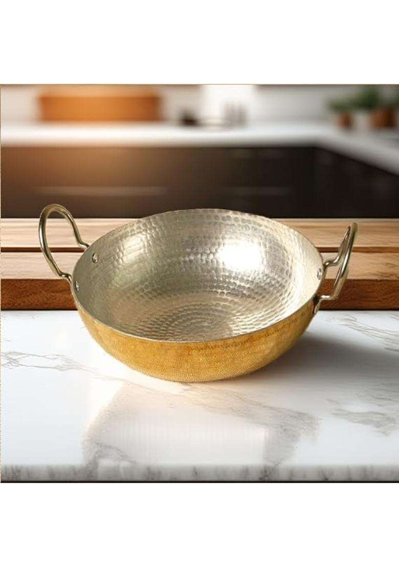 MORADABAD BRASS VILLA Pure Brass Kadhai Wok for Cooking | 2.5 L | 2.6 Qt | Non-Toxic | Tin Lined Kalai | Handcrafted | Hammered Finish - Indya