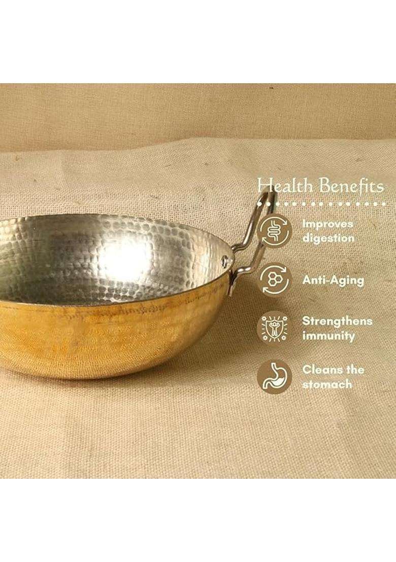 MORADABAD BRASS VILLA Pure Brass Kadhai Wok for Cooking | 2.5 L | 2.6 Qt | Non-Toxic | Tin Lined Kalai | Handcrafted | Hammered Finish - Indya