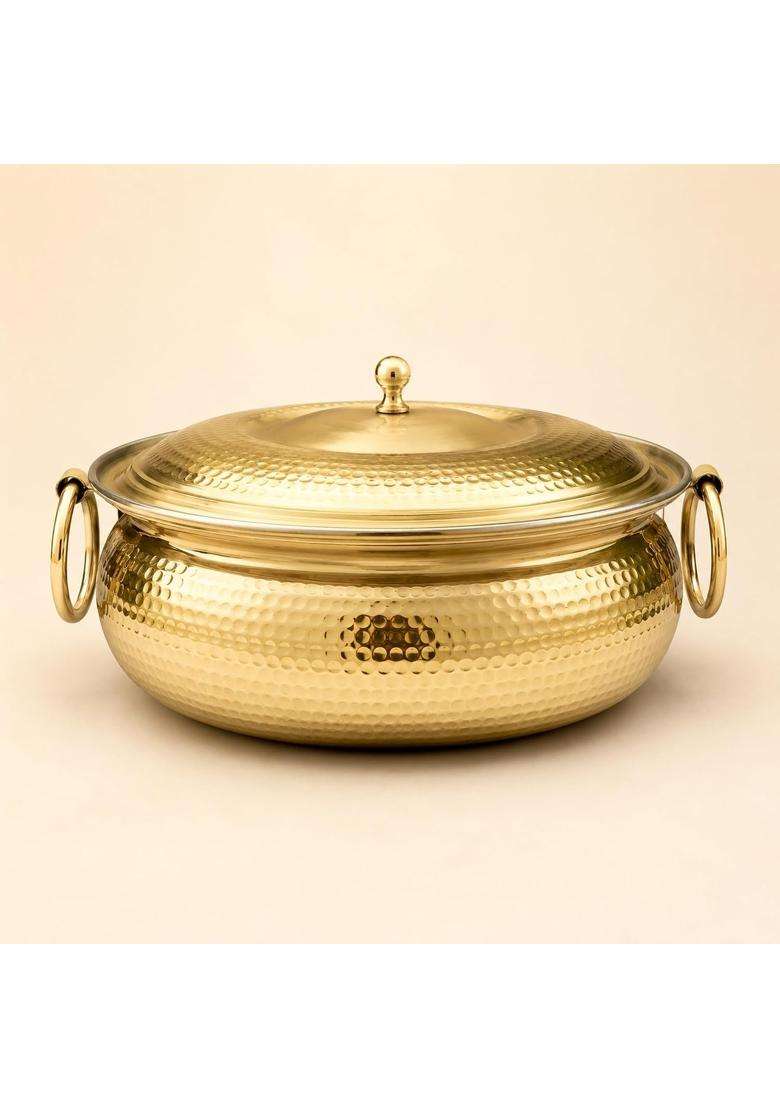 SHIV SHAKTI ARTS Brass Mughlai Lagan Handi with Lid and Ring Handles | 3.5 L | 3.7 Qt | Hammered Finish - Indya