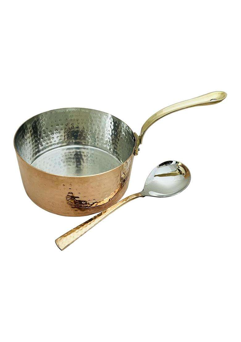 SHIV SHAKTI ARTS Handmade Pure Copper Hammered Sauce Pan with Brass Handle and Serving | 500 ml | 16.9 fl oz - Indya